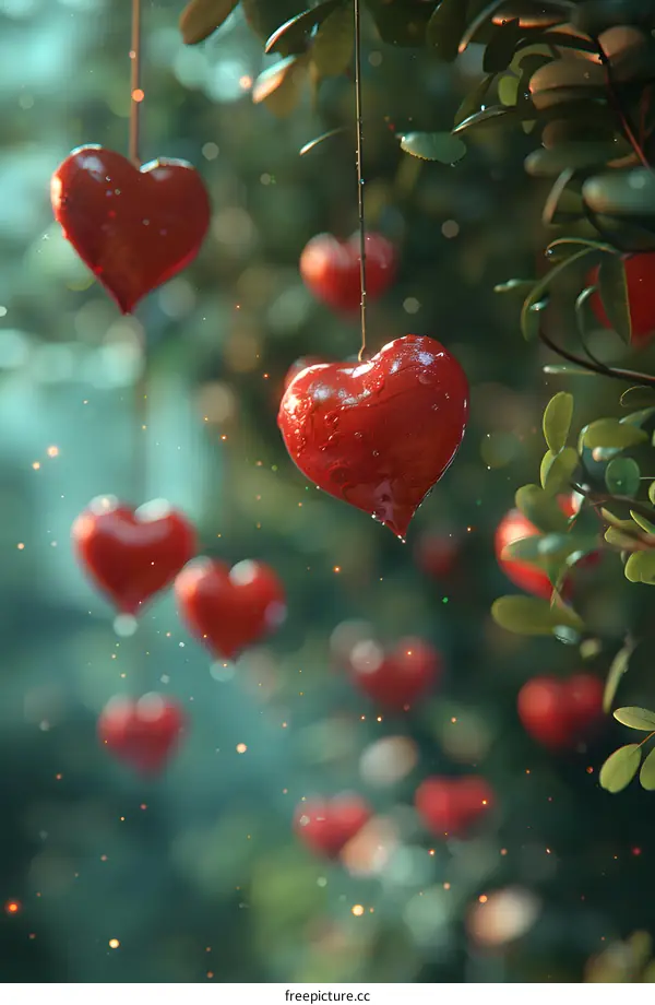 Red heart-shaped ornaments hanging from tree branches