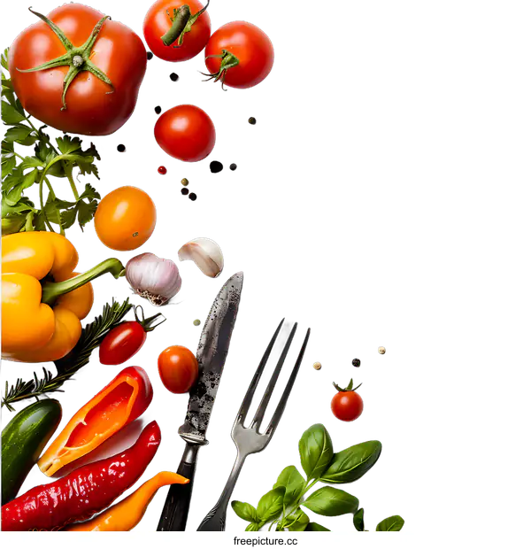 [Transparent Background PNG]Fresh Vegetables and Herbs Arranged on a transparent background with Kitchen Utensils
