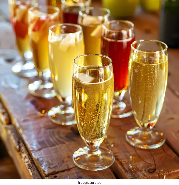 Row of Champagne Flutes on Wooden Table
