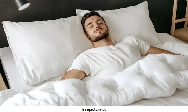 Man Sleeping in Bed with White Bedding