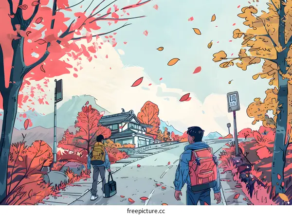 Two People Walking on a Path with Red Leaves and a Building in the Background