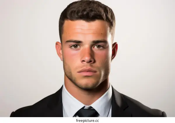 Headshot of a young professional man in a suit and tie