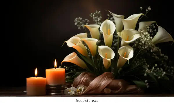 White calla lilies and candles on a dark background