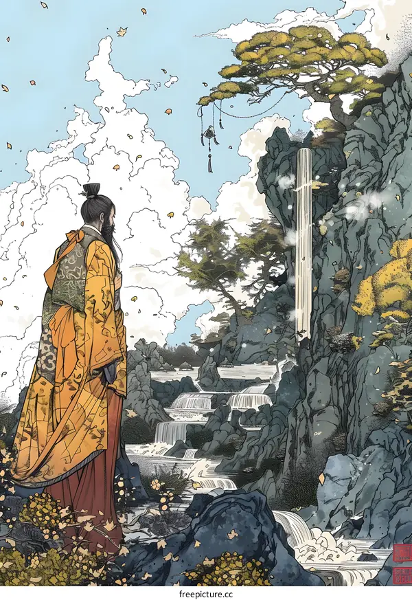 Man in Yellow Robe Stands in Front of Waterfall and Mountain