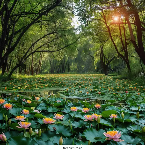 Tranquil Pond with Water Lilies and Lush Trees