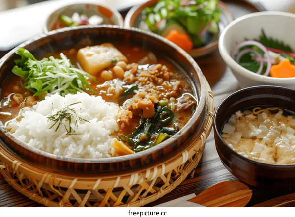 Japanese food curry with rice and side dishes