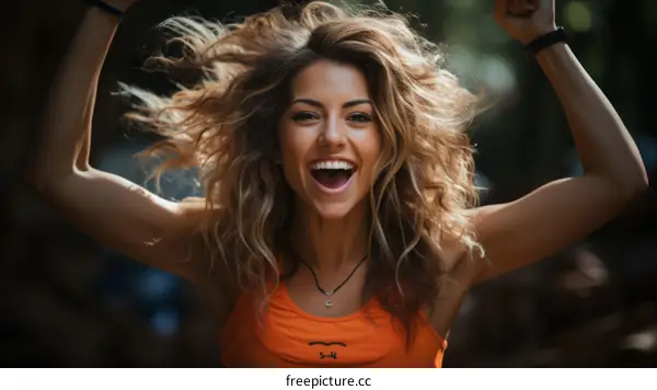 Ecstatic young woman celebrating her success with arms raised in the air