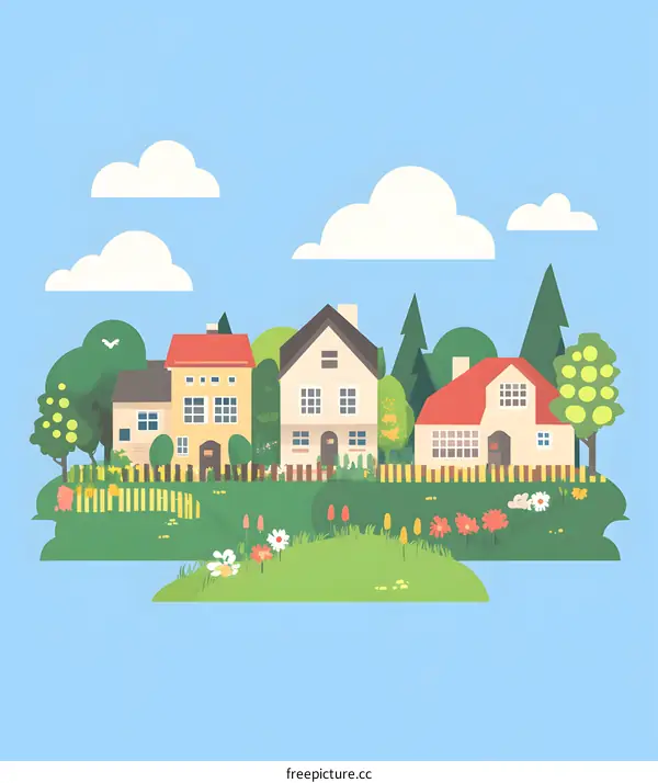 Cartoon Illustration of Houses and Gardens in a Small Town