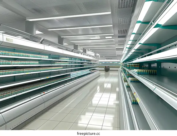 Empty Supermarket Aisle with Shelves and Fluorescent Lights