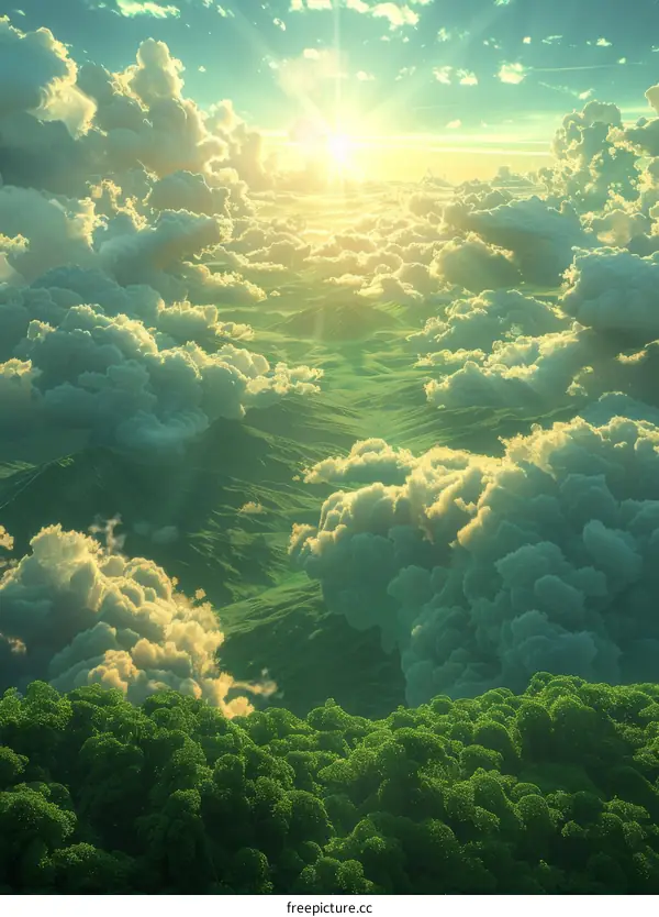 Aerial View of Verdant Hills and Cloudscape at Sunset