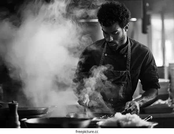 Black and white photo of a chef in a professional kitchen