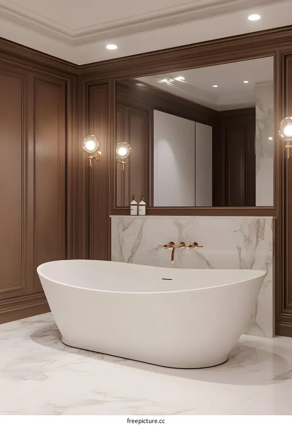 Modern Bathroom Interior Design with Freestanding Tub and Marble Walls