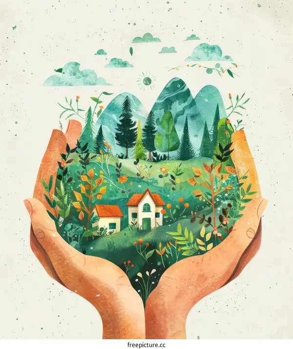 Hands cupping a verdant world