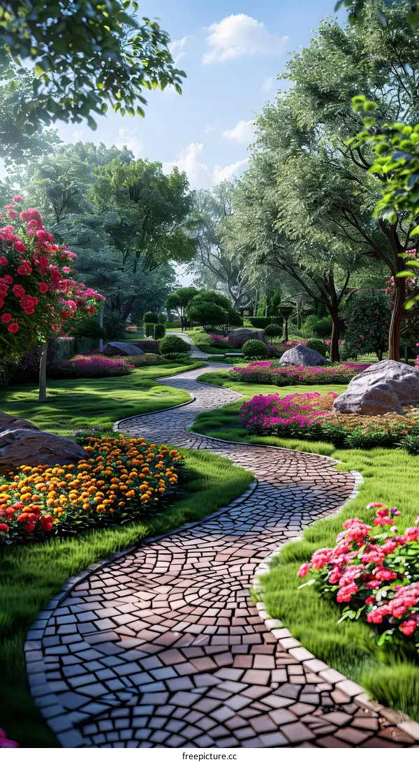 Serene Stone Path Through Lush Garden