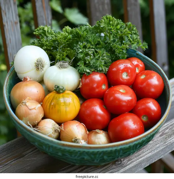 Fresh Vegetables in a Bowl: Tomatoes, Onions, and Parsley
