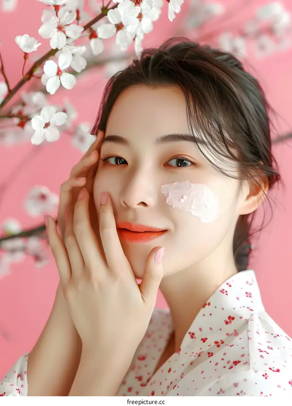 Asian Woman with Cherry Blossoms and Face Mask