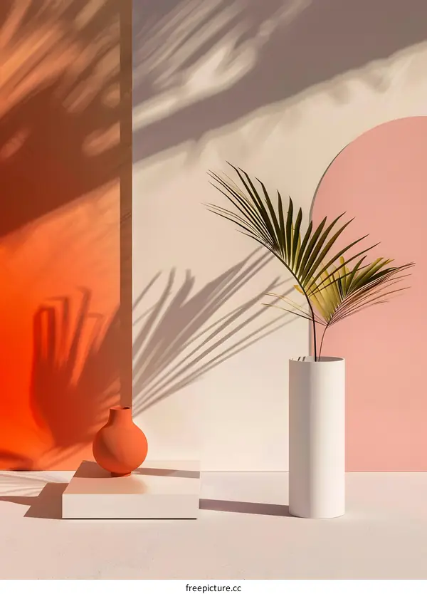 Minimalist Interior Design With Palm Leaf And Orange Vase