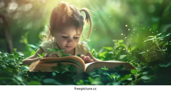 Little Girl Reading a Book in the Forest