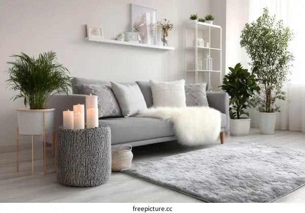 Modern Gray Living Room Interior Design with Candles and Plants