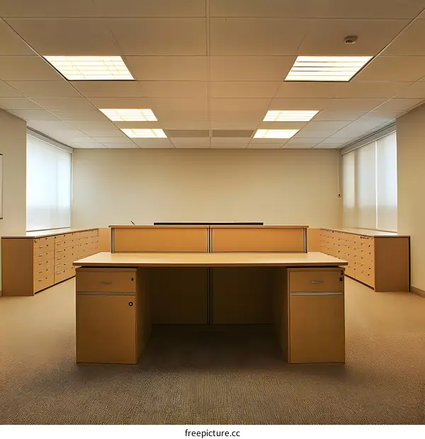 Empty Modern Office Workspace With Wooden Desk and Cabinets