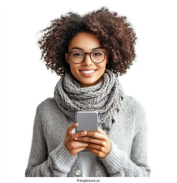 Smiling Woman Using Smartphone in Winter Outfit