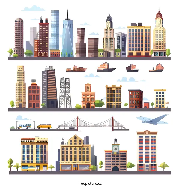 Cartoon Cityscape Set With Different Buildings, Bridge, Ships And Plane