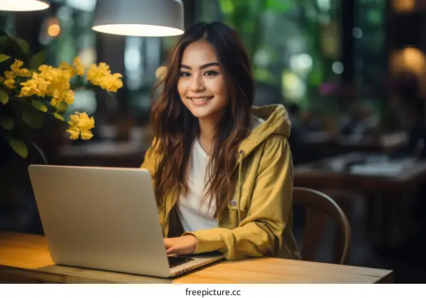 Asian woman working on laptop in cafe