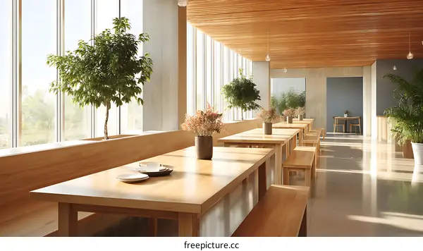 Modern Wooden Dining Area with Large Windows
