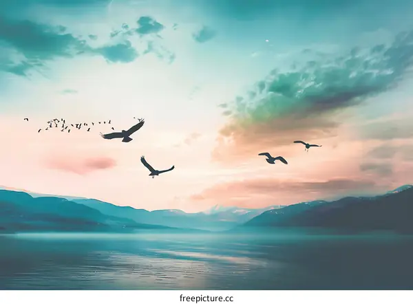 Silhouettes of Birds Flying Over Mountains and a Lake at Sunset