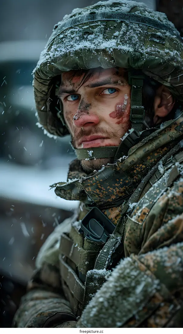 Portrait of a soldier in the winter in the snow