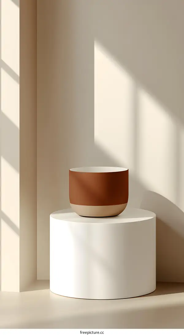 Minimalist Interior Design With Brown Pot On White Pedestal