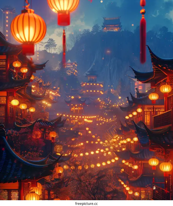 Chinese Street Scene with Red Lanterns at Night
