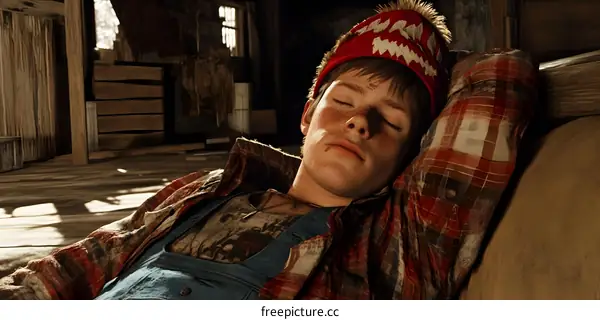 Young Man Sleeping in Rustic Cabin
