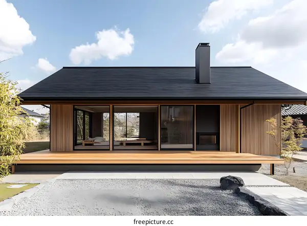 Modern Japanese House with Black Roof and Wooden Siding