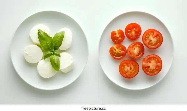 Fresh Mozzarella Cheese and Cherry Tomatoes on White Plates