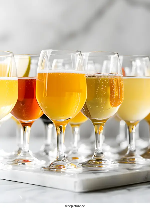 Variety of Alcoholic Beverages in Glasses on Marble Tray