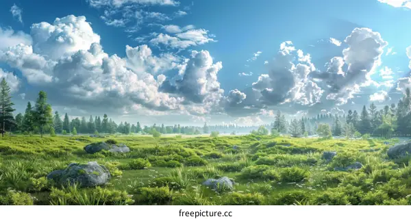 Green Field with Bright Sky Clouds and Forest in the Distance