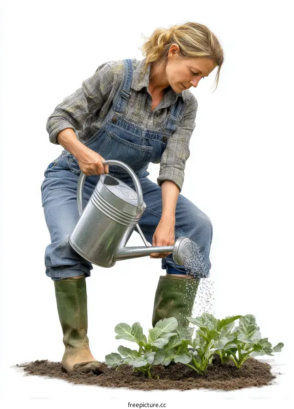 Woman Watering Plants in Garden