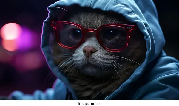 A Cat Wearing a Pink Hoodie and Glasses