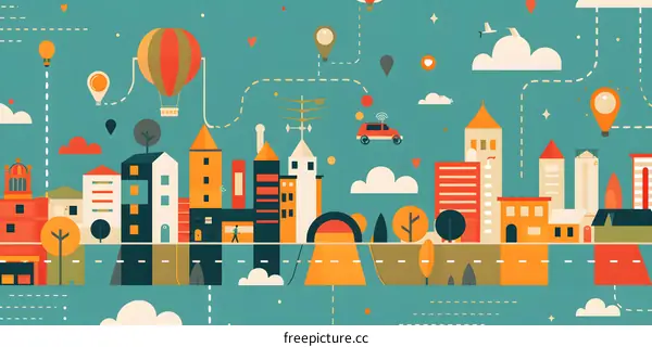 Modern Cityscape Illustration with Hot Air Balloon, Cars and Clouds