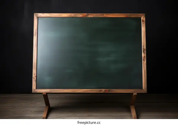 Blackboard in wooden frame on wooden floor against dark background
