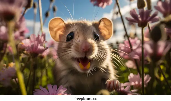 Close-up of a small brown rat in a field of pink flowers
