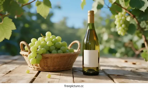 Fresh Green Grapes in Basket with Wine Bottle on Wooden Table