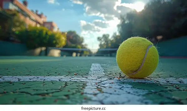 A close-up of a tennis ball on a tennis court with the net in the background