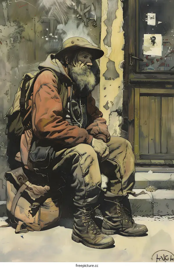 Old Man Sitting in Front of Building With Backpack