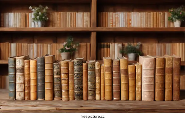 Vintage Books on Wooden Table in a Library Setting