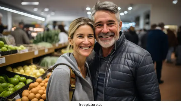 Happy couple shopping for groceries in a supermarket