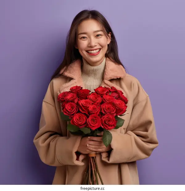 Asian woman holding bouquet of red roses and smiling