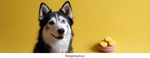 Playful Husky Dog against Yellow Background