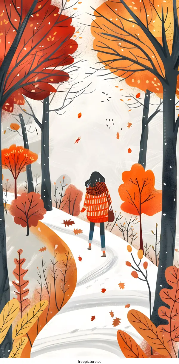 Autumn Illustration of a Woman Walking in Forest